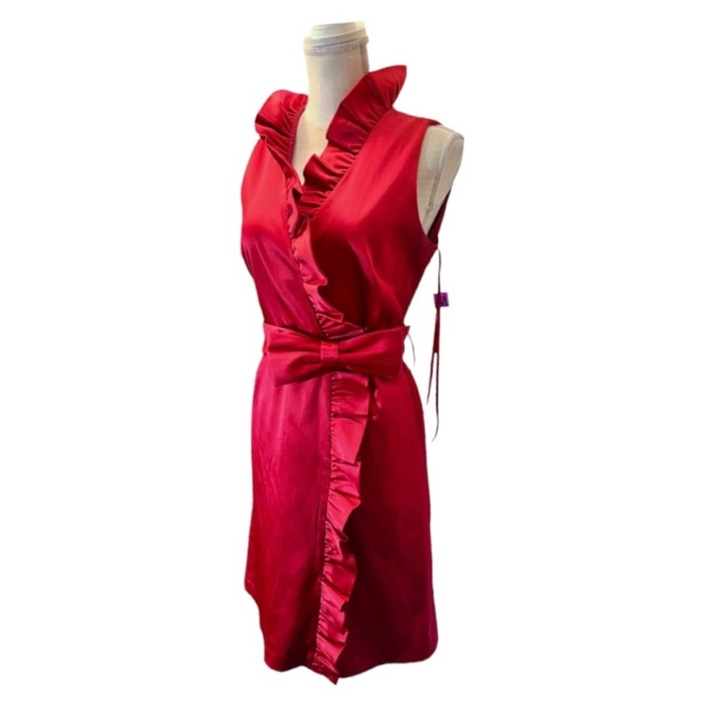Eliza J Red Satin finish ruffled collar dress with Bow Tie Sash